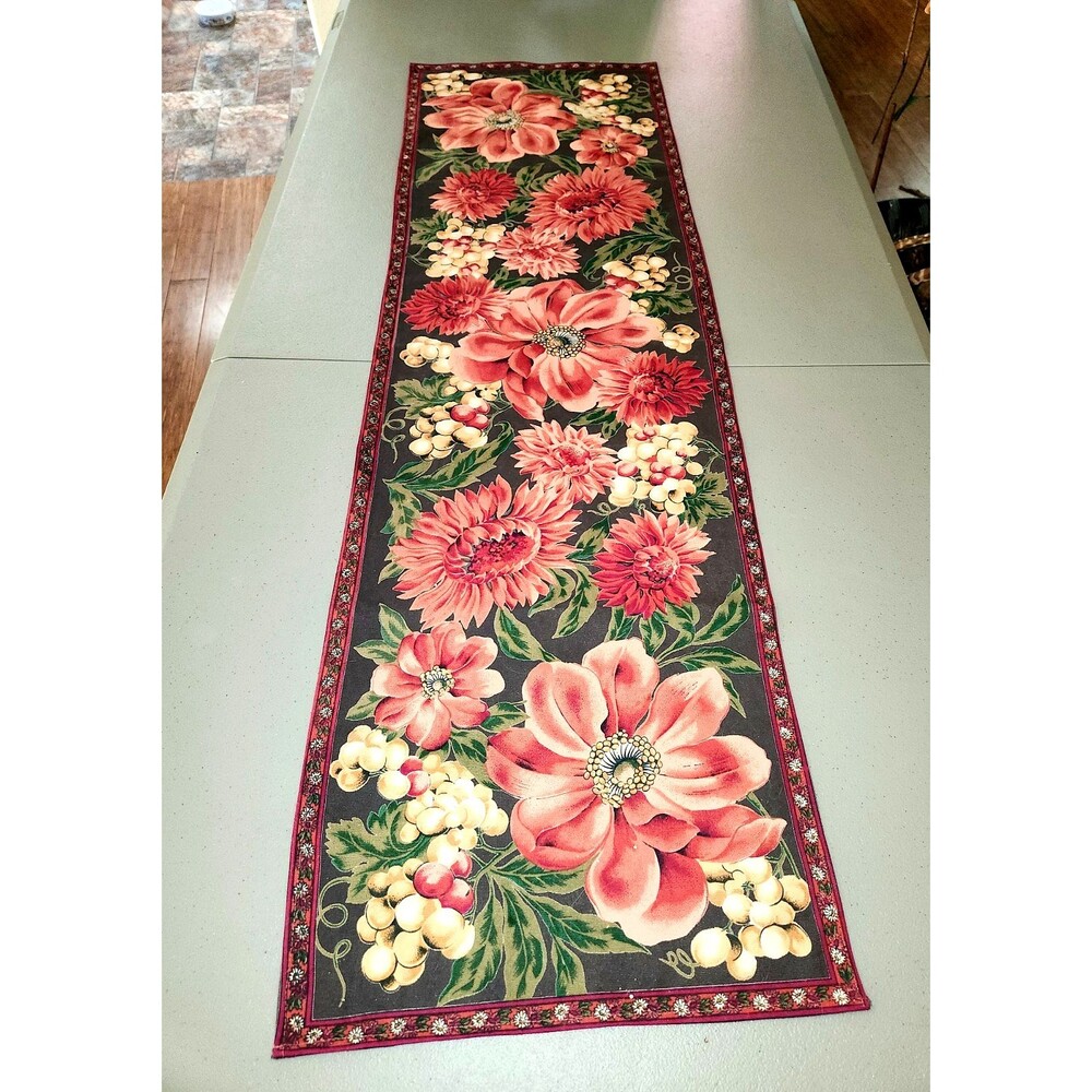Cottage APRIL CORNELL Table Runner Soft Black Red Flowers Grapes 47" x 14" #02